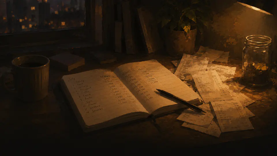 A ledger and receipts
